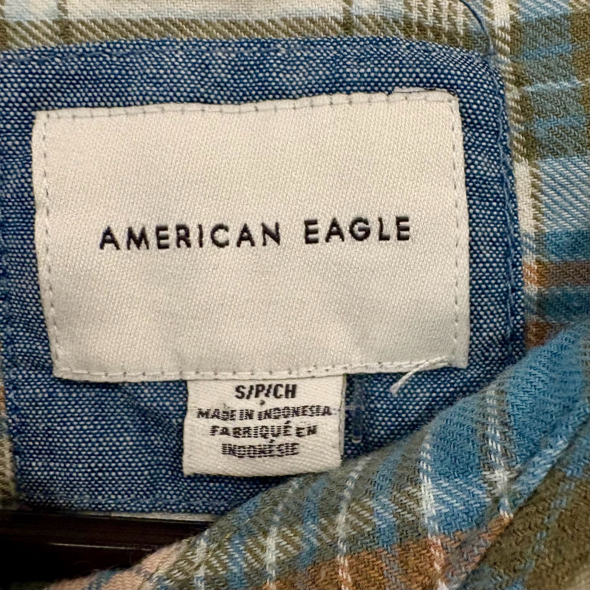 American Eagle Womens Small Plaid Pearl Snap Western Flannel Shirt Pink Blue 6