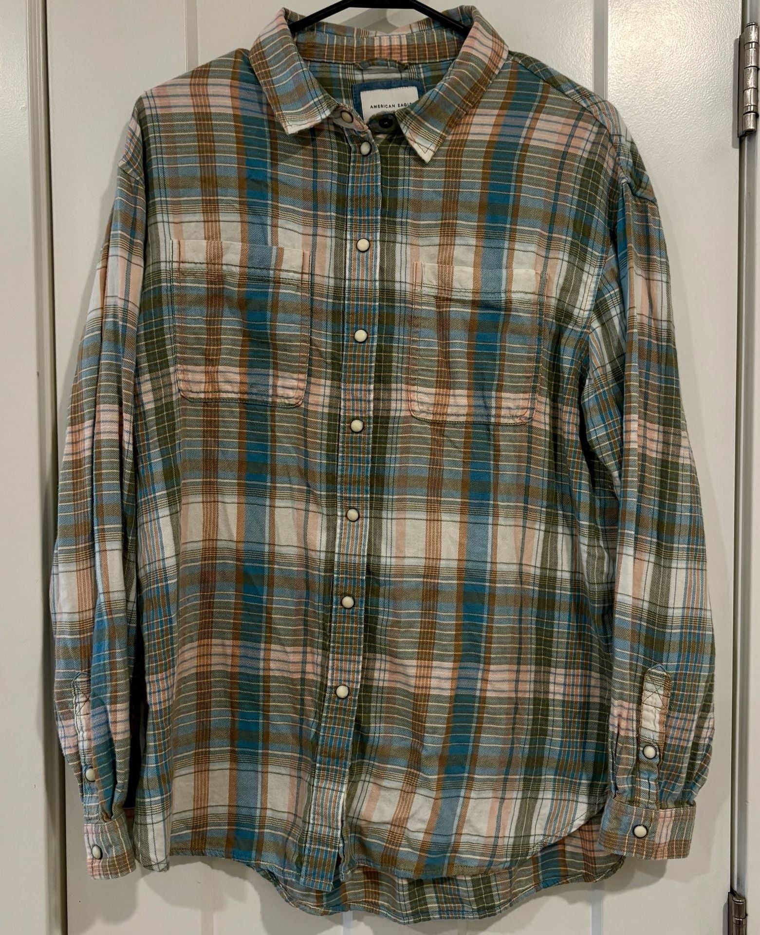 American Eagle Womens Small Plaid Pearl Snap Western Flannel Shirt Pink Blue 3