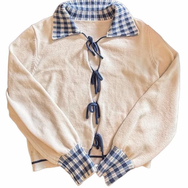 Cottage core Simple Retro Cardigan Size M Blue White Gingham Collar