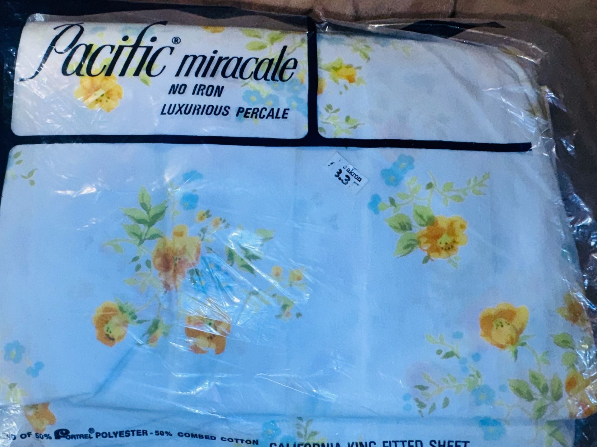 Pacific Miracale California King Fitted Sheet Yellow Floral Vintage NOS 1