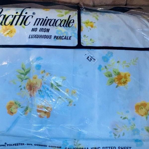 Pacific Miracale California King Fitted Sheet Yellow Floral Vintage NOS