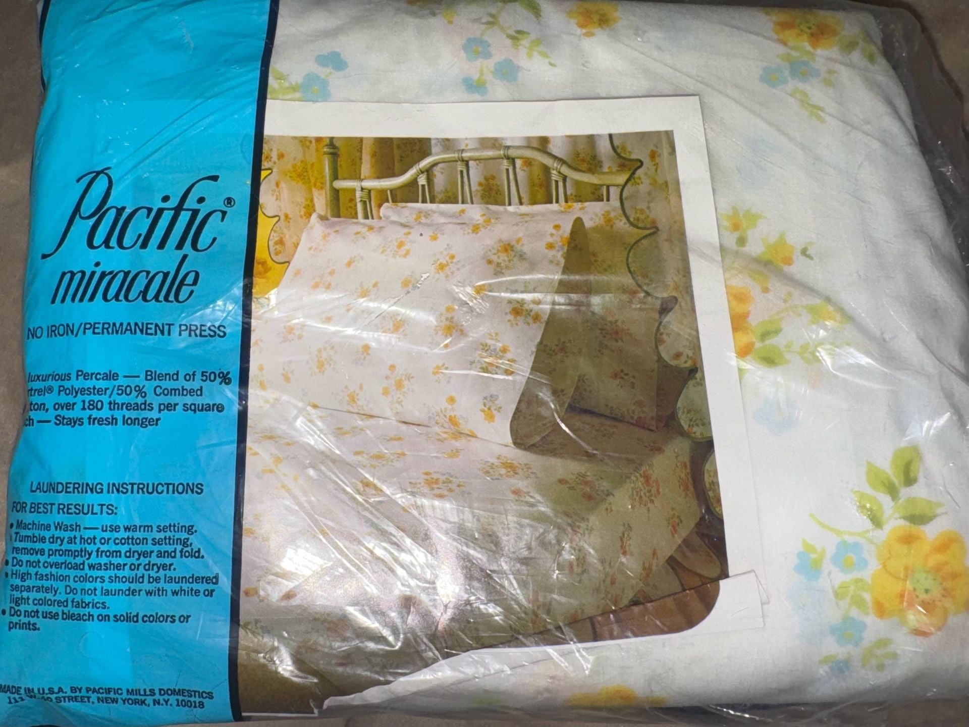 Pacific Miracale California King Fitted Sheet Yellow Floral Vintage NOS 2