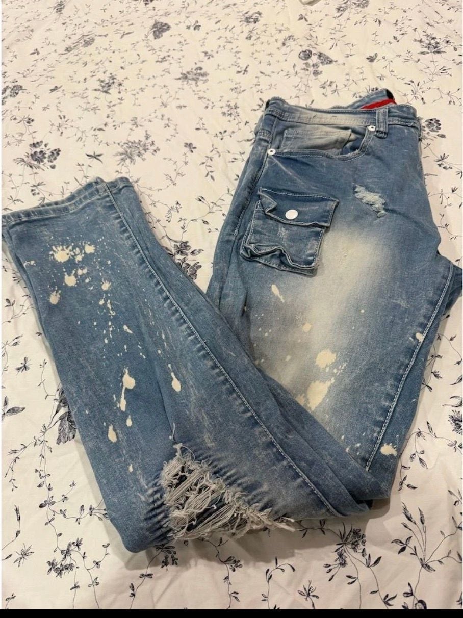 Makobi Jeans Size 32x32 Distressed Bleached Paint Splatter Cargo Denim 11