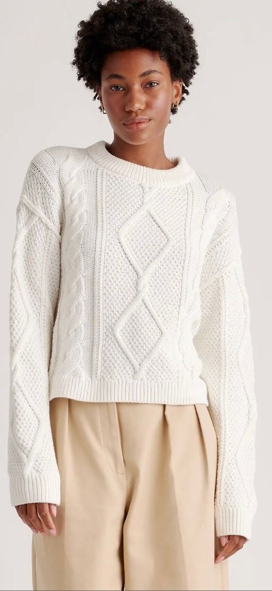Quince Organic Cotton Cropped Cable Sweater Medium Ivory Fisherman Knit 7