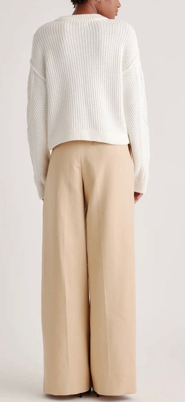 Quince Organic Cotton Cropped Cable Sweater Medium Ivory Fisherman Knit 13