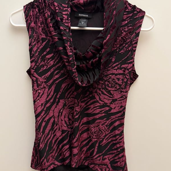 Express Cowl Neck Sleeveless Top Size S Black Burgundy Velvet Burnout