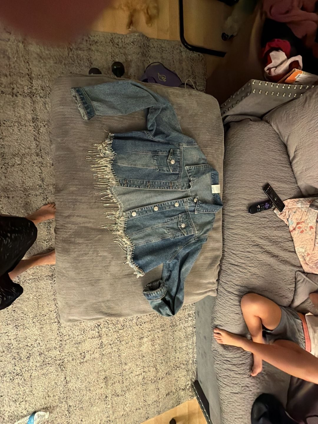 Vocal Rhinestone Fringe Denim Jacket Size XL Blue Cropped 4