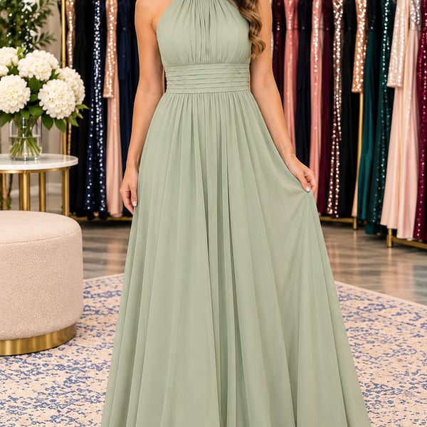 AH Bridal Sage Green Chiffon Halter Pleated Bridesmaid Formal Gown Size 6
