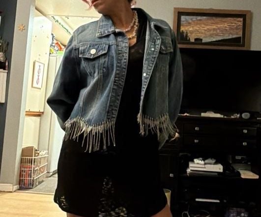 Vocal Rhinestone Fringe Denim Jacket Size XL Blue Cropped 7