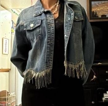 Vocal Rhinestone Fringe Denim Jacket Size XL Blue Cropped 8