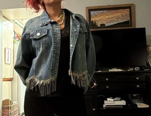 Vocal Rhinestone Fringe Denim Jacket Size XL Blue Cropped 9
