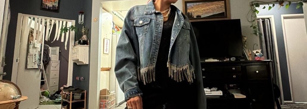 Vocal Rhinestone Fringe Denim Jacket Size XL Blue Cropped 10