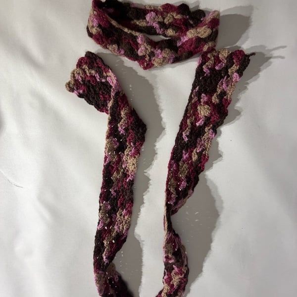 Handmade Crochet Knit Scarf & Headband Set Purple Brown