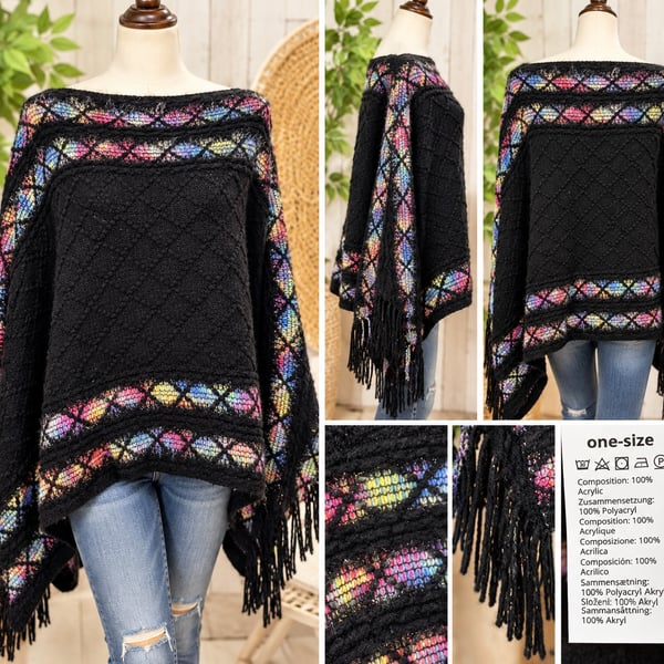 Unbranded Knitted Poncho Shawl One-Size Black Multi Tassel Fringe