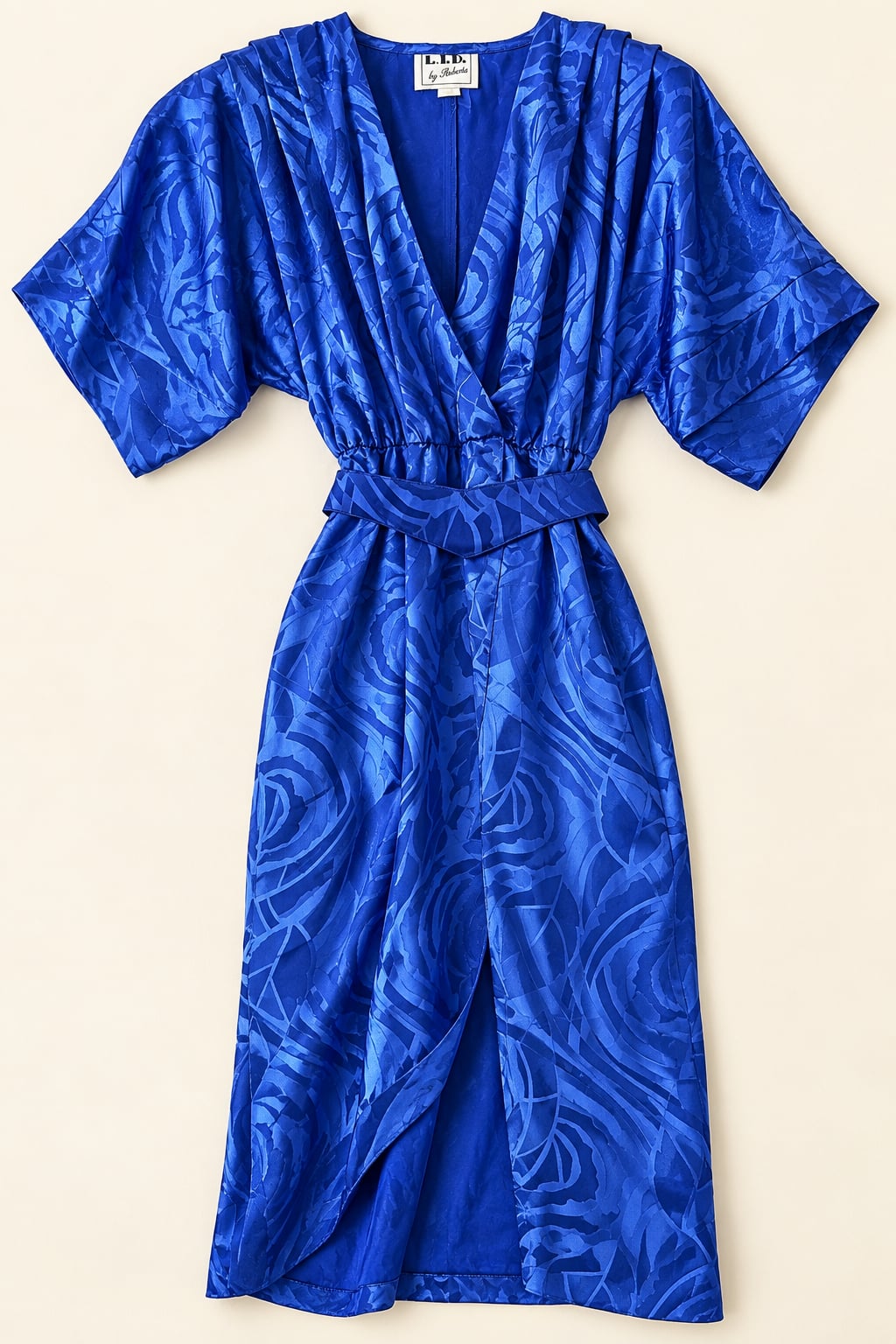 Vintage 80s L.I.D. by Roberta Cobalt Blue Satin Jacquard Belted Dress 2