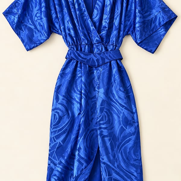Vintage 80s L.I.D. by Roberta Cobalt Blue Satin Jacquard Belted Dress