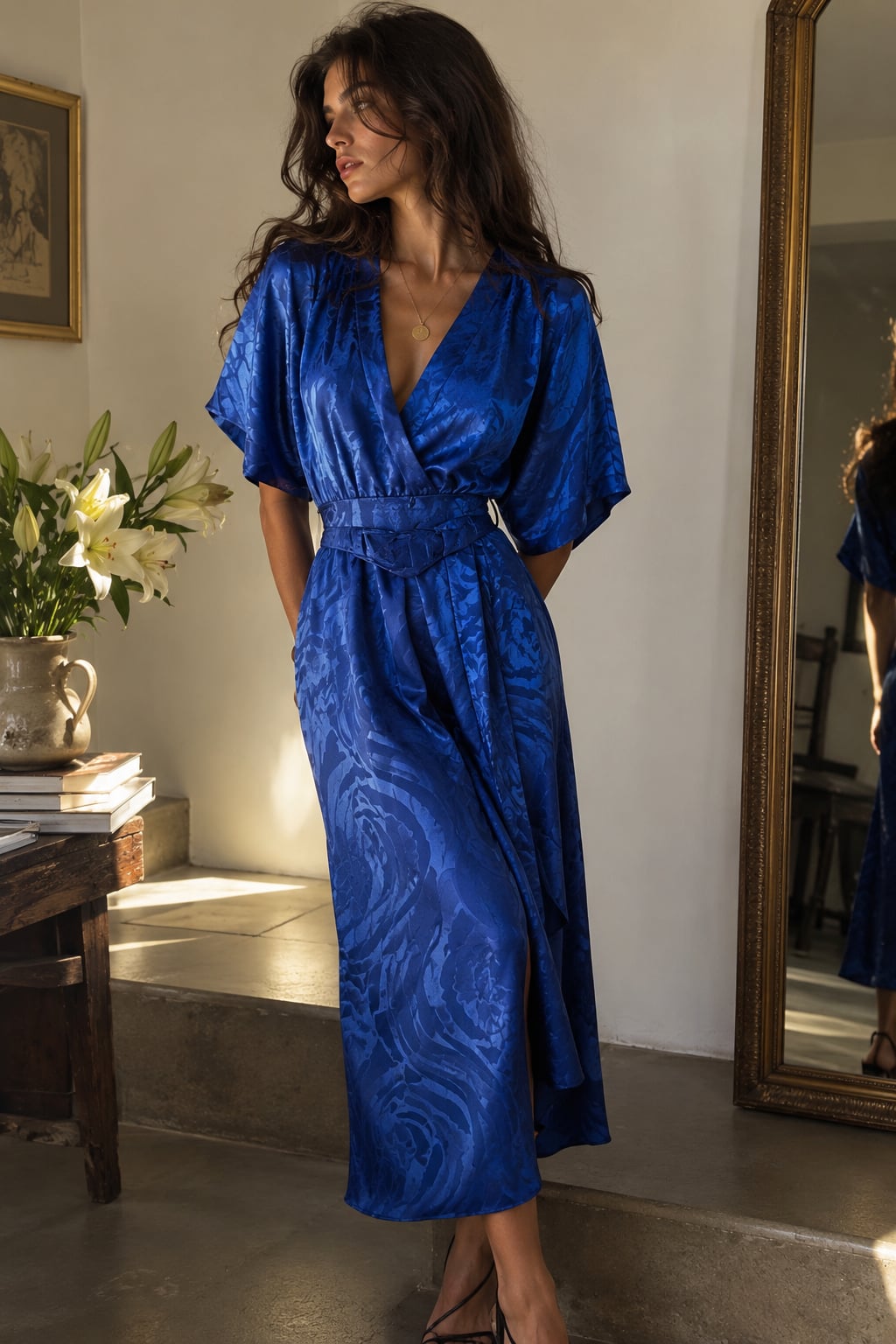 Vintage 80s L.I.D. by Roberta Cobalt Blue Satin Jacquard Belted Dress 3