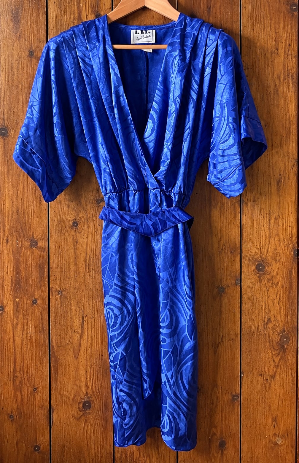 Vintage 80s L.I.D. by Roberta Cobalt Blue Satin Jacquard Belted Dress 4