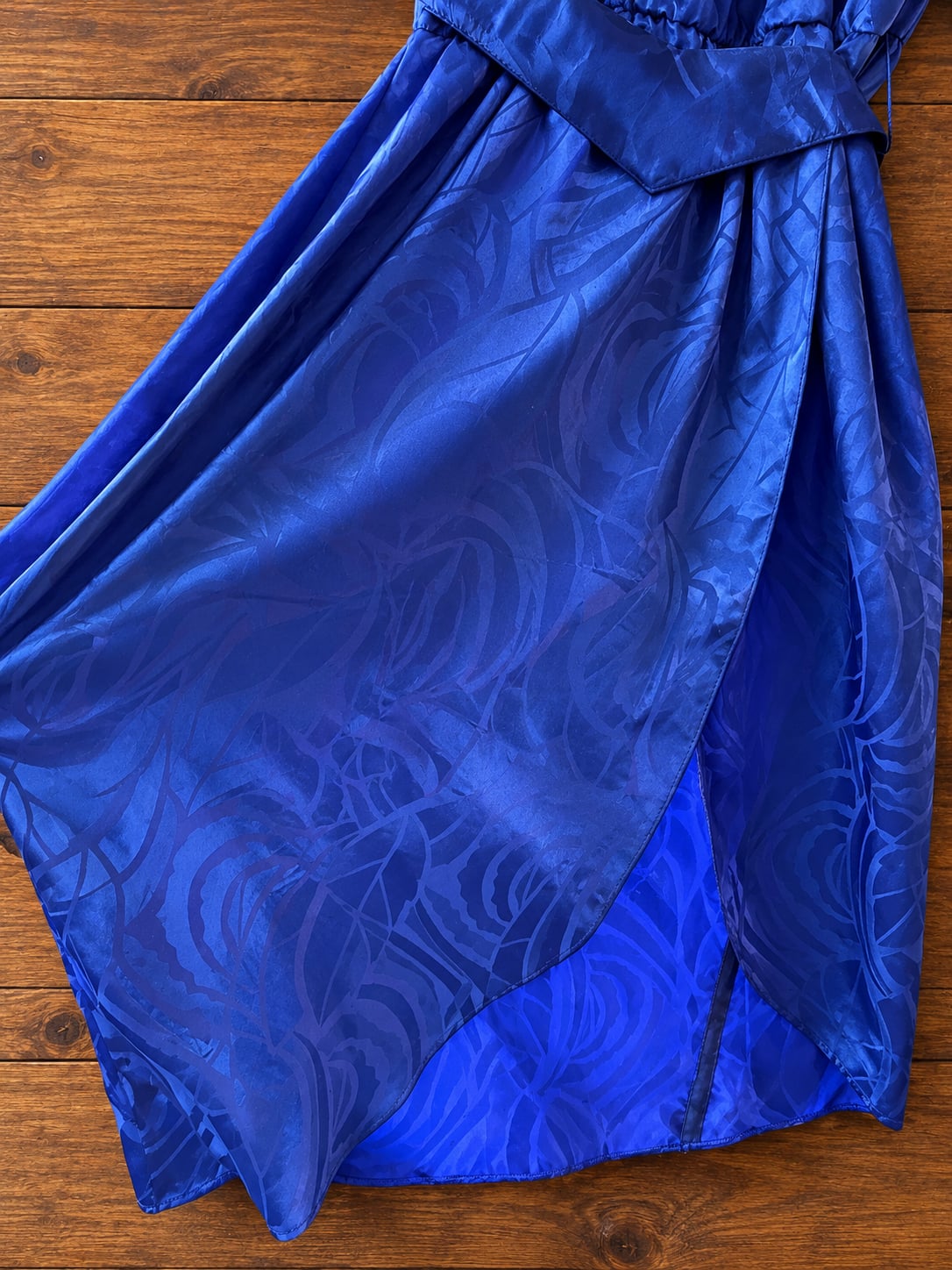 Vintage 80s L.I.D. by Roberta Cobalt Blue Satin Jacquard Belted Dress 8