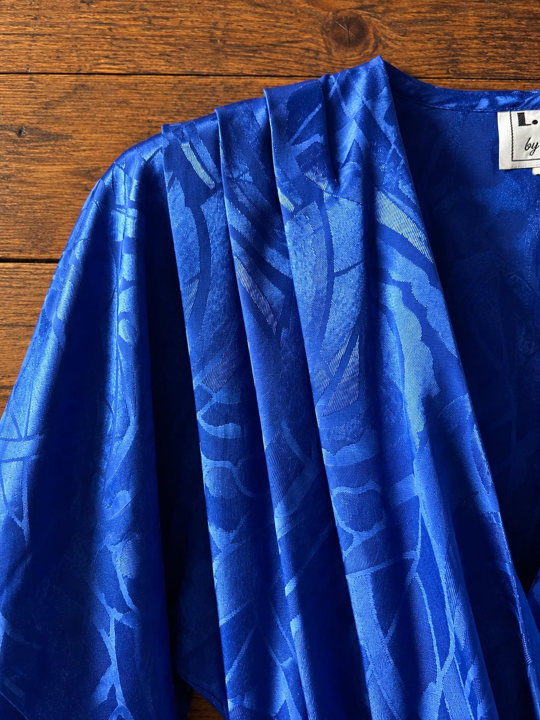 Vintage 80s L.I.D. by Roberta Cobalt Blue Satin Jacquard Belted Dress 9
