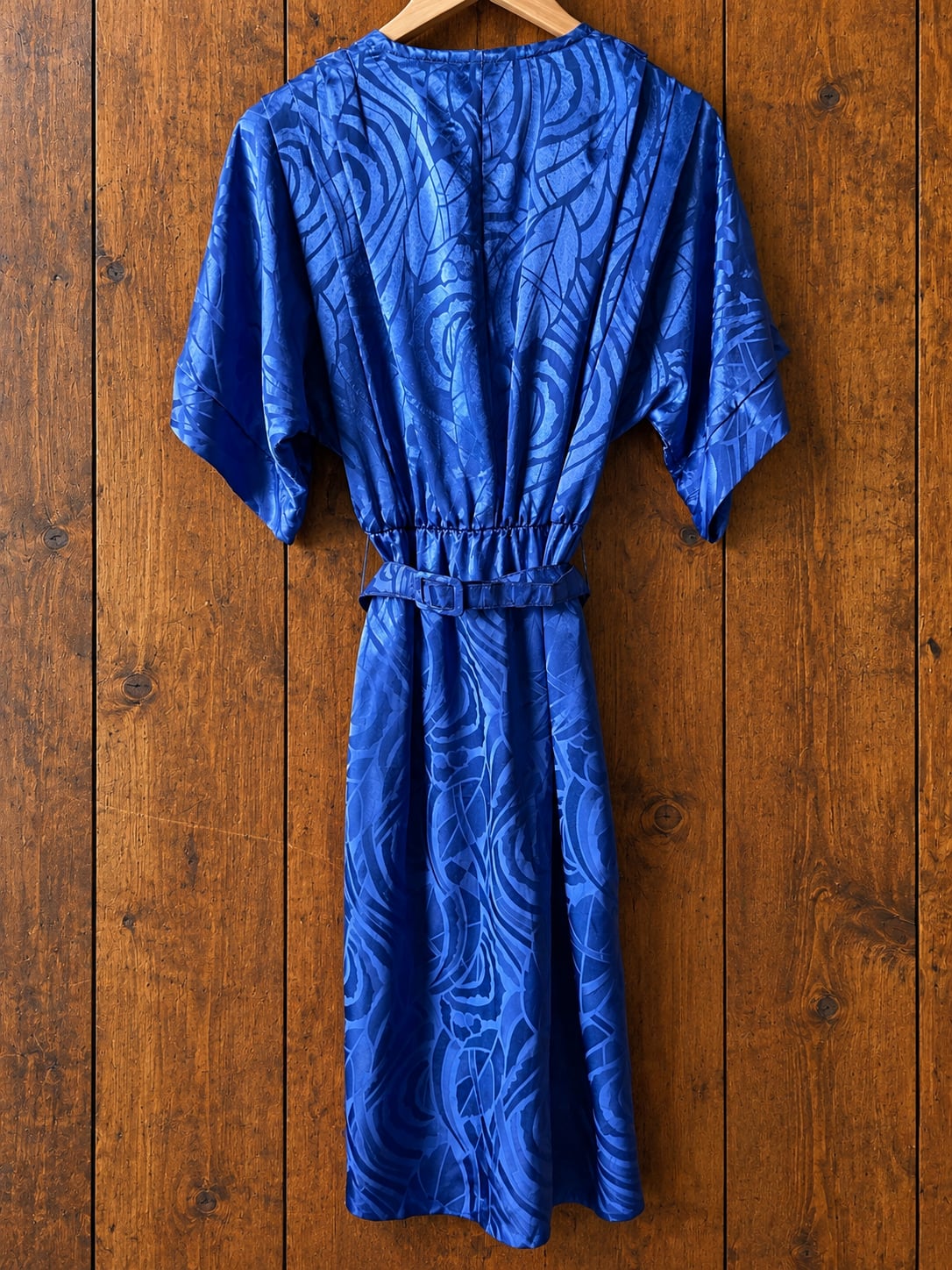 Vintage 80s L.I.D. by Roberta Cobalt Blue Satin Jacquard Belted Dress 10