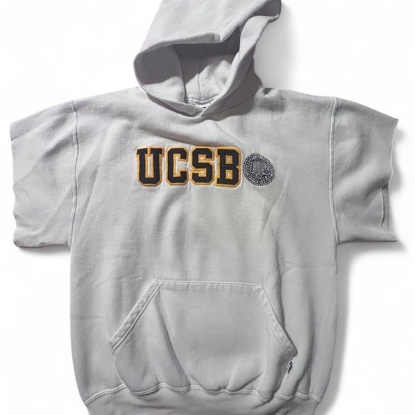 Cut Off Russell Athletic UCSB Hoodie Size M Grey College Spell Out Pullover