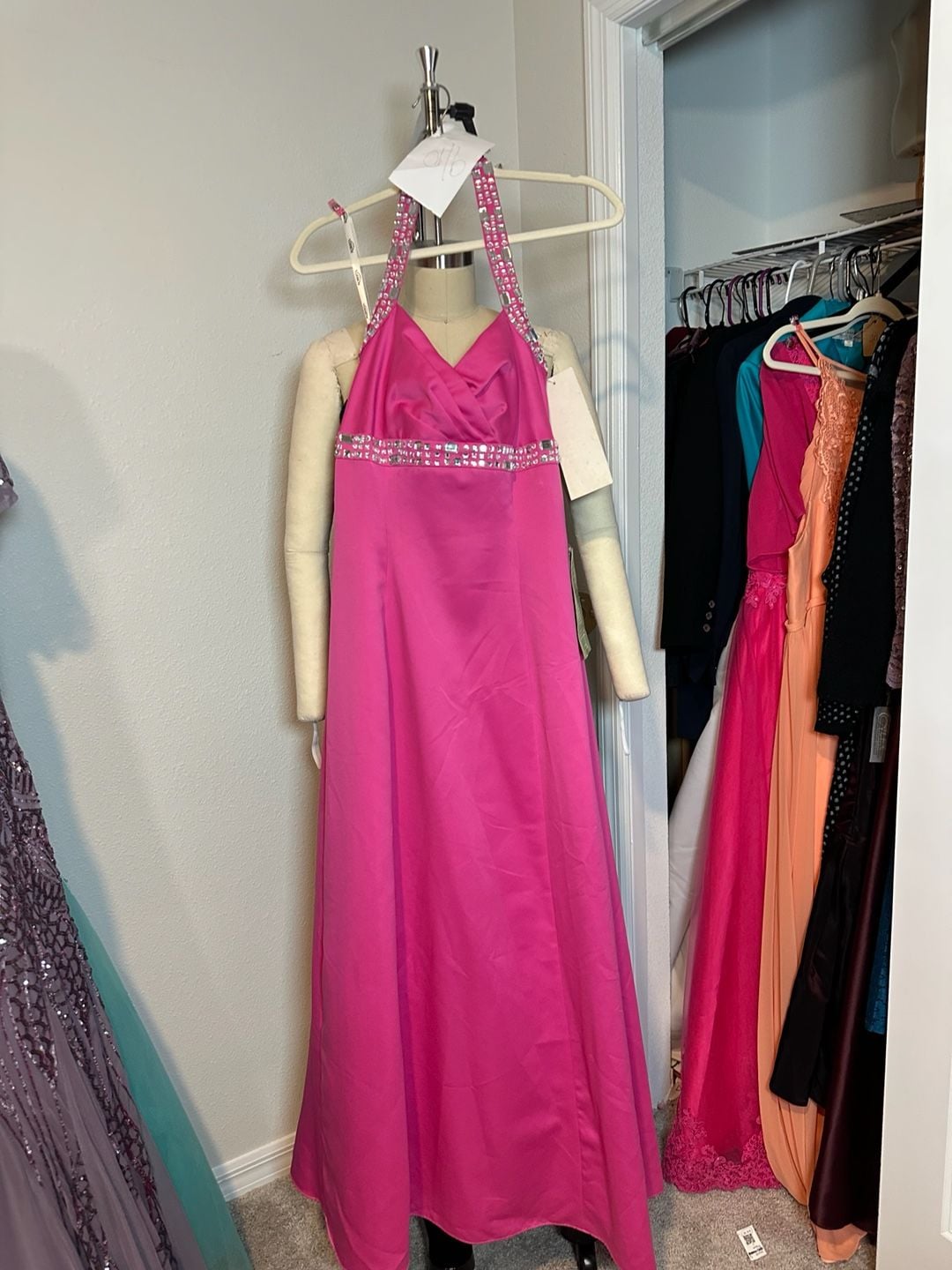 Fuchsia Pink Rhinestone Halter Formal Prom Evening Gown 4