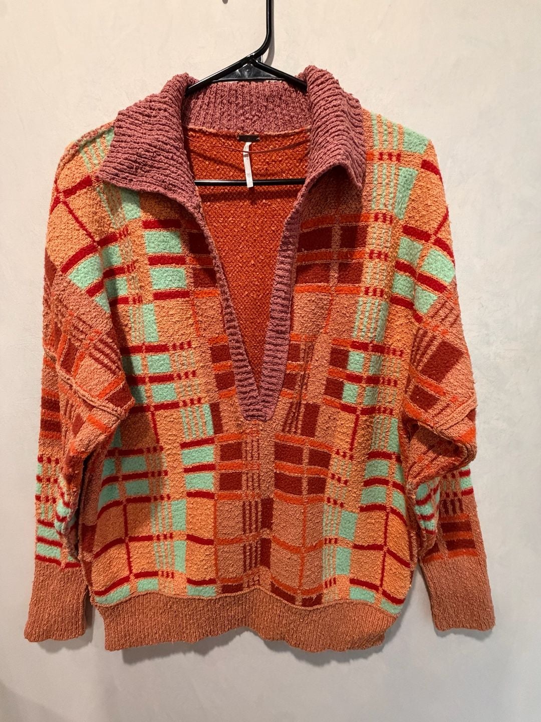 Free People Oversized Plaid Sweater XS Orange V-Neck Long Sleeve 2