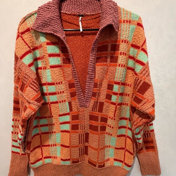 Free People Oversized Plaid Sweater XS Orange V-Neck Long Sleeve