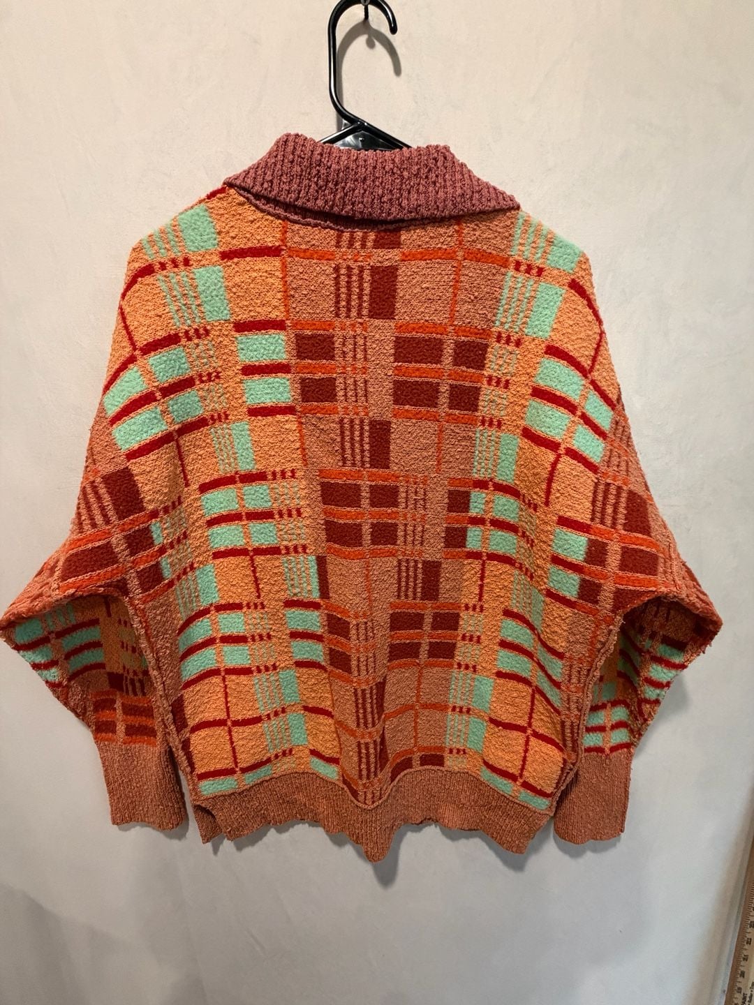 Free People Oversized Plaid Sweater XS Orange V-Neck Long Sleeve 5