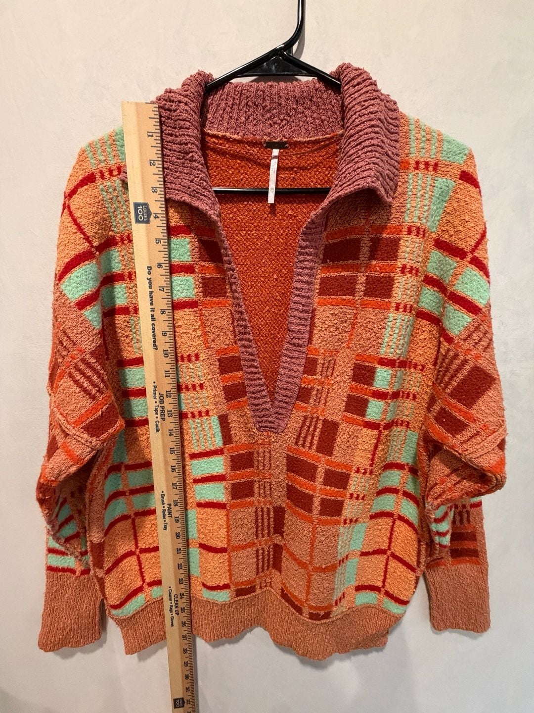 Free People Oversized Plaid Sweater XS Orange V-Neck Long Sleeve 7