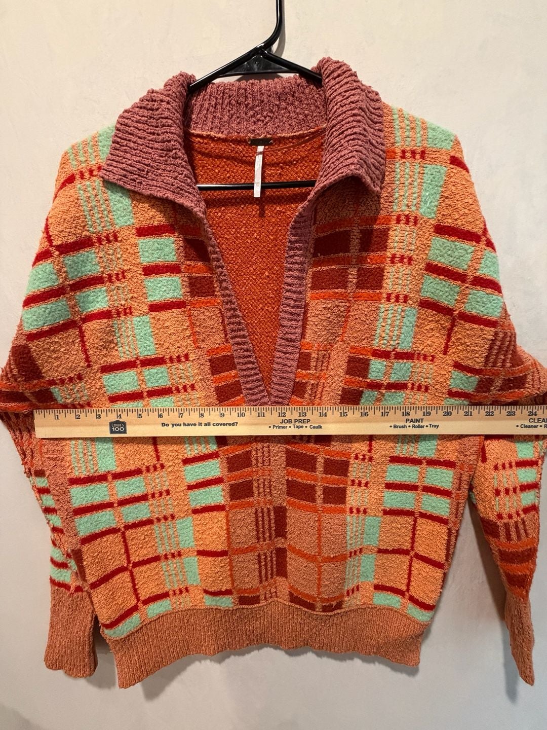 Free People Oversized Plaid Sweater XS Orange V-Neck Long Sleeve 8