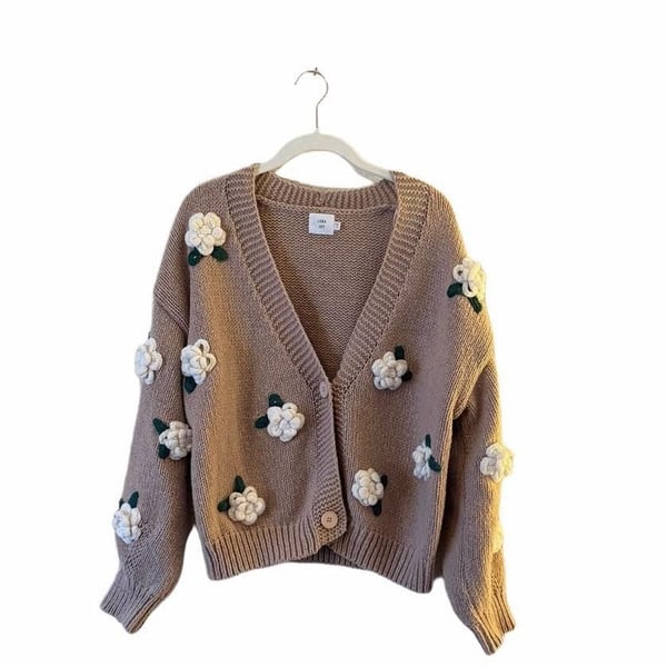 Luna Ivy Cardigan Size S Pink 3D Floral Applique Chunky Knit