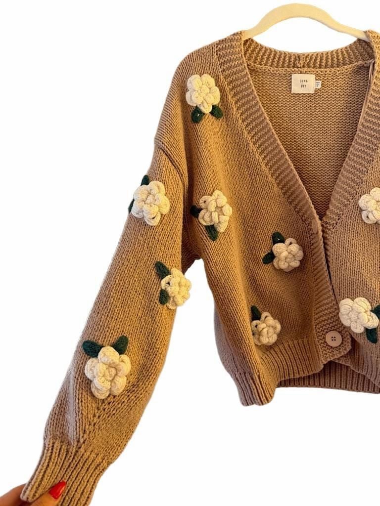 Luna Ivy Cardigan Size S Pink 3D Floral Applique Chunky Knit 7