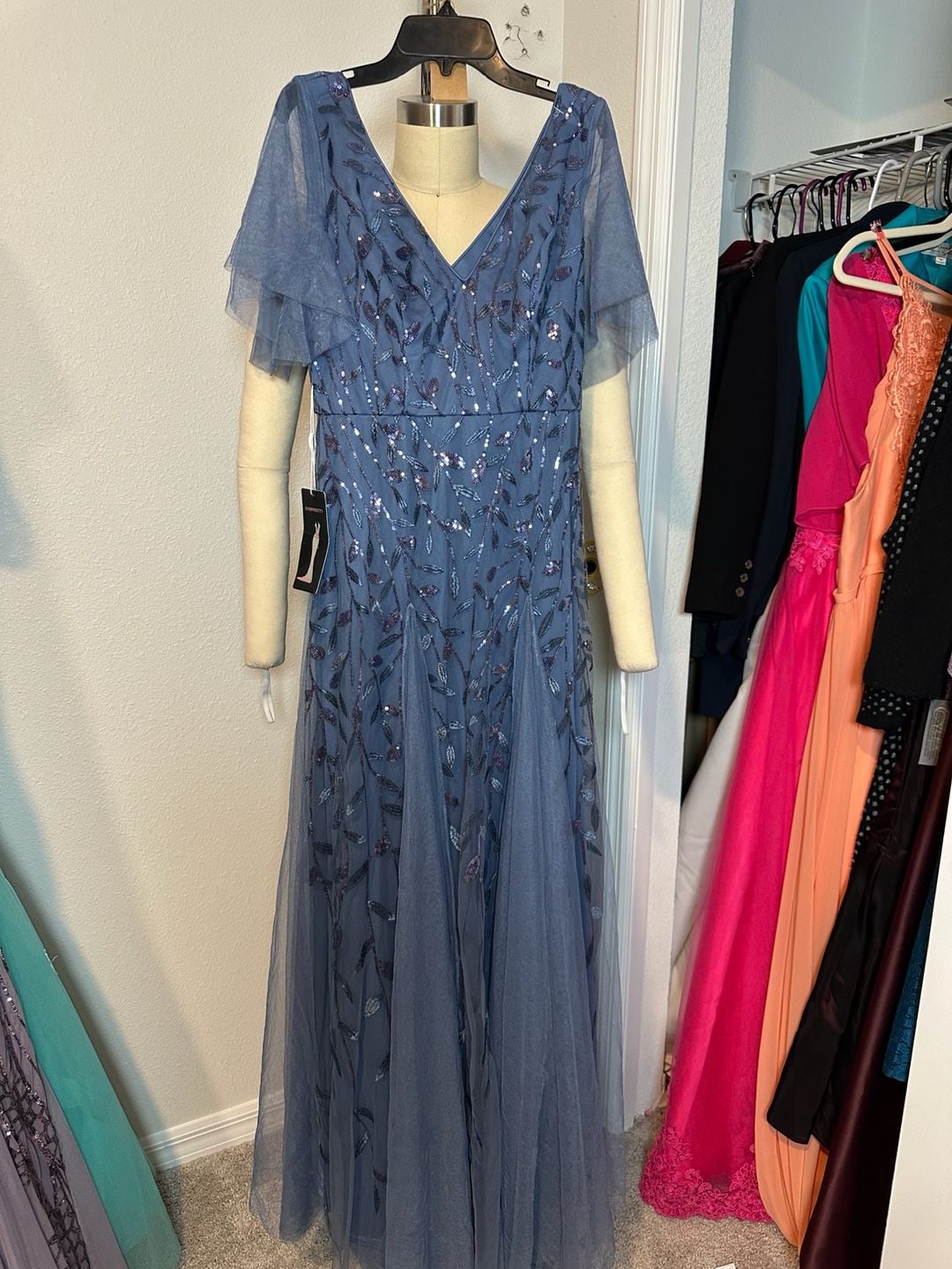 Dusty Blue Sequin Tulle Flutter Sleeve Formal Evening Gown 3