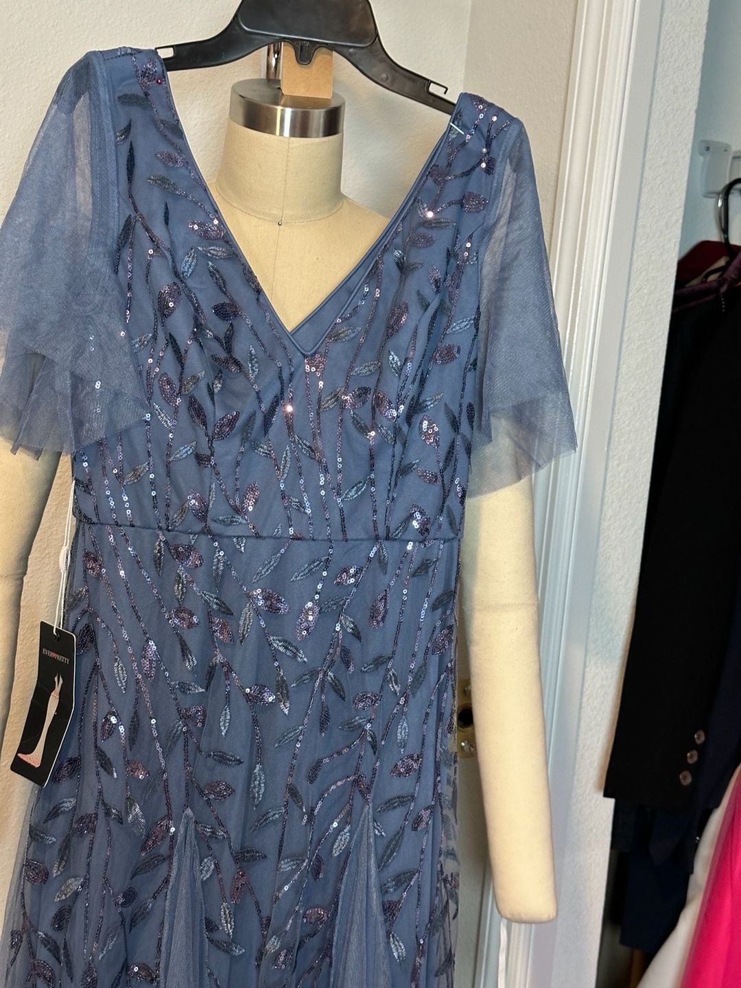 Dusty Blue Sequin Tulle Flutter Sleeve Formal Evening Gown 4