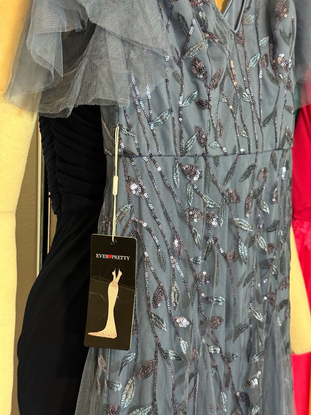 Dusty Blue Sequin Tulle Flutter Sleeve Formal Evening Gown 5