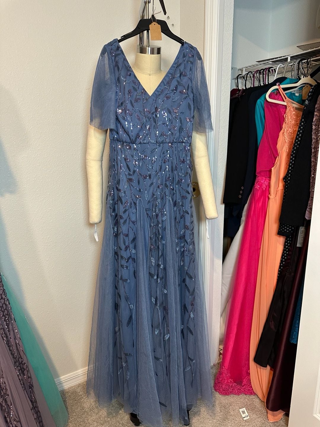 Dusty Blue Sequin Tulle Flutter Sleeve Formal Evening Gown 6