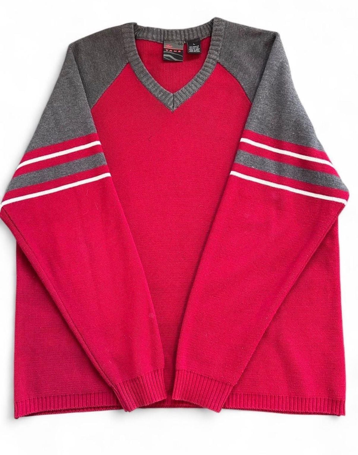 Vans V-Neck Sweater Size L Red Gray Stripe Knit Pullover 2