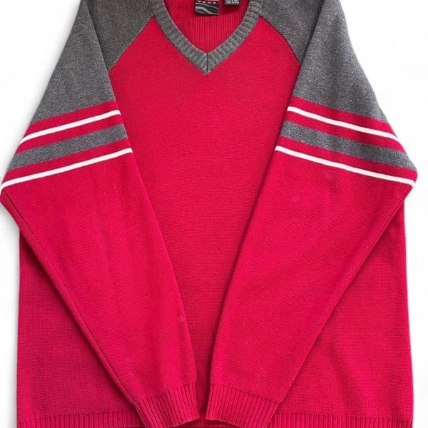 Vans V-Neck Sweater Size L Red Gray Stripe Knit Pullover