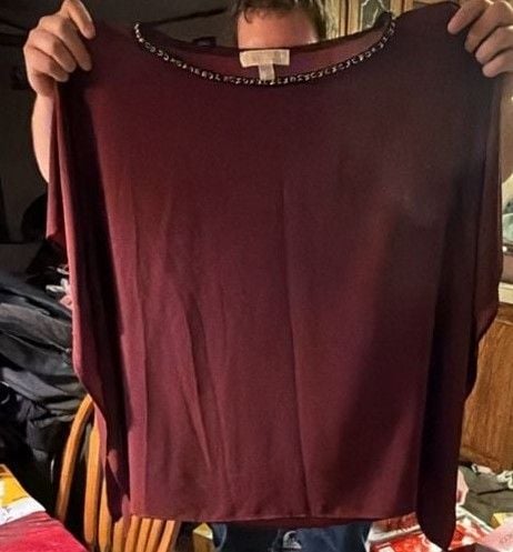 Michael Kors Blouse Size L/XL Burgundy Chain Trim 2