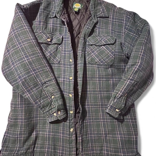 Cabela's Quilted Flannel Shirt Jacket XL Tall Green Plaid