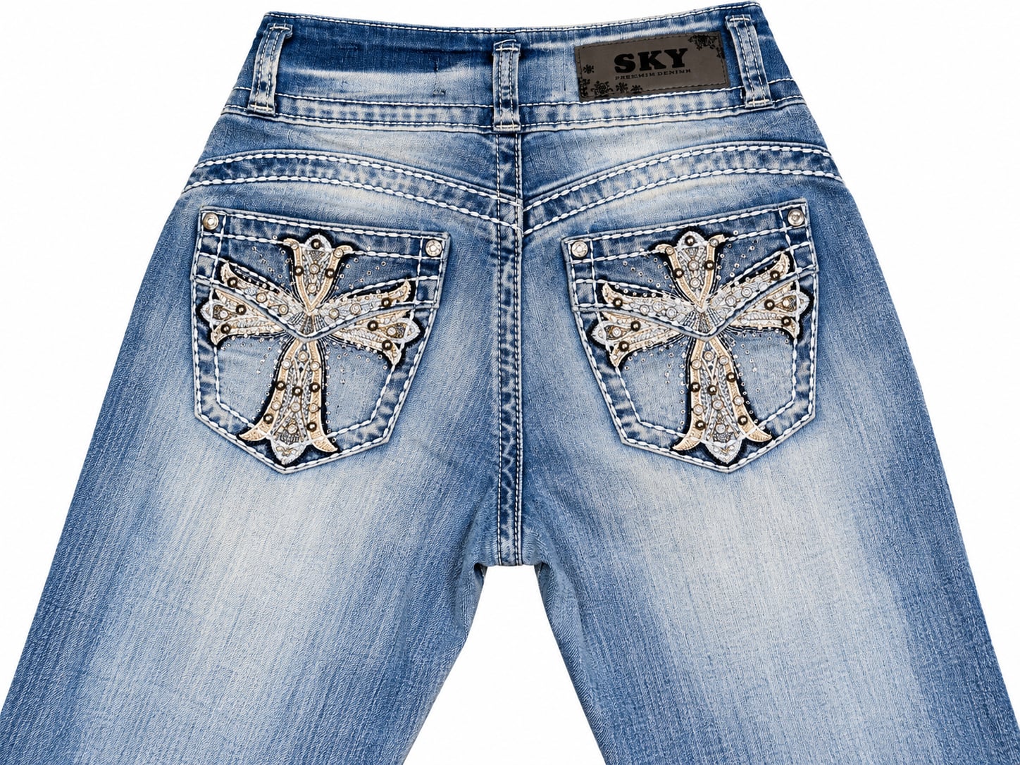 SKY Premium Denim Jeans Size 1/2 Cross Embellished Flare 3