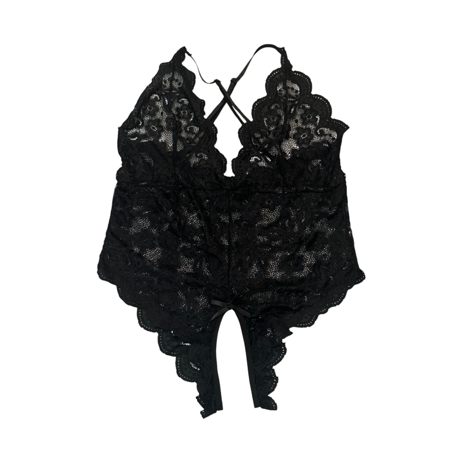 Romwe Floral Lace Scallop Trim Criss Cross Teddy Lingerie Black Size Large 2