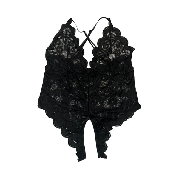 Romwe Floral Lace Scallop Trim Criss Cross Teddy Lingerie Black Size Large