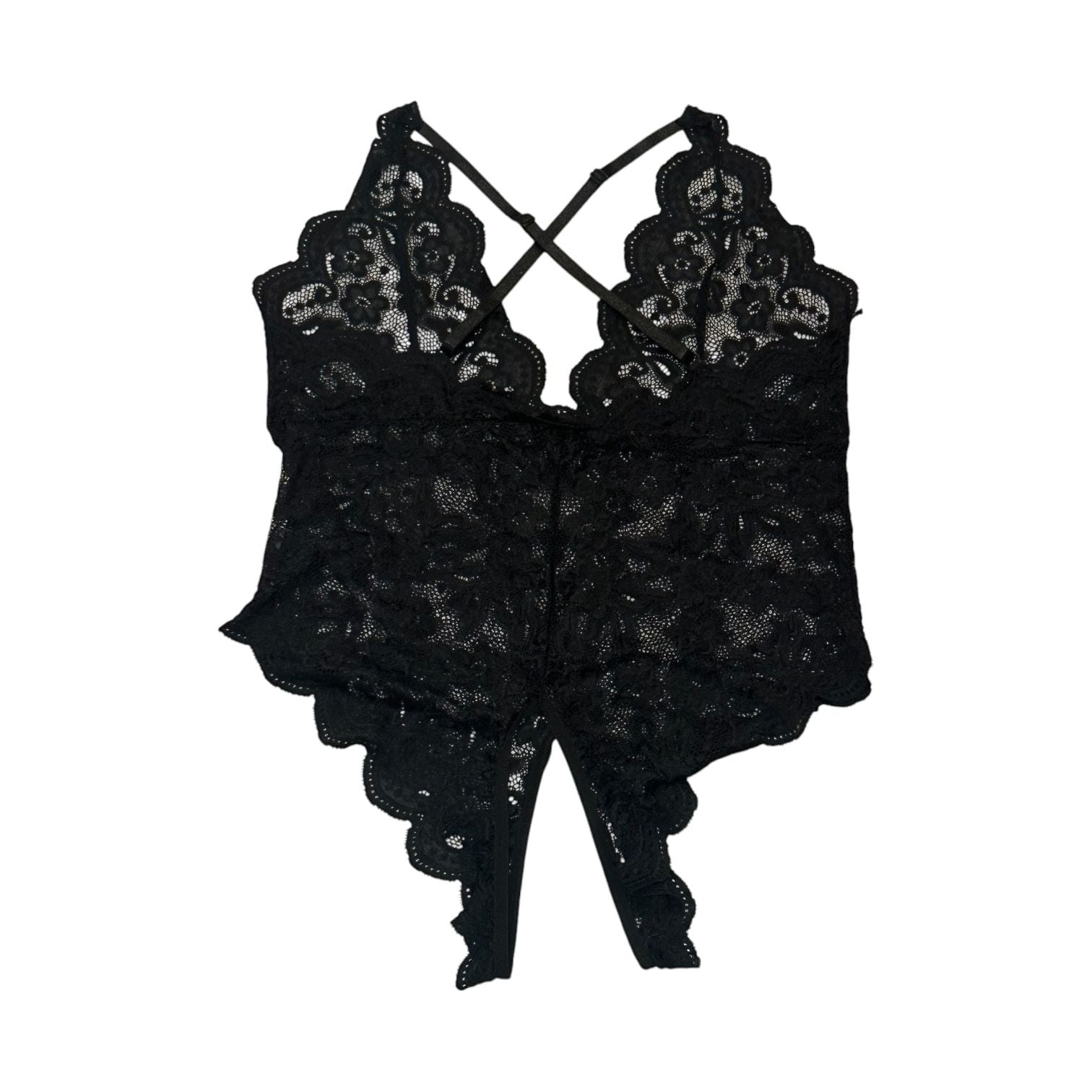 Romwe Floral Lace Scallop Trim Criss Cross Teddy Lingerie Black Size Large 3
