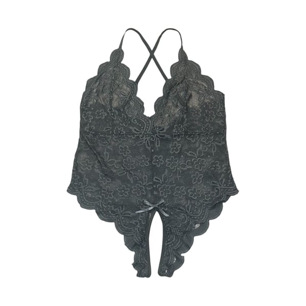 ROMWE Kawaii Floral Lace Scallop Trim Criss Cross Teddy Bodysuit Lingerie Grey