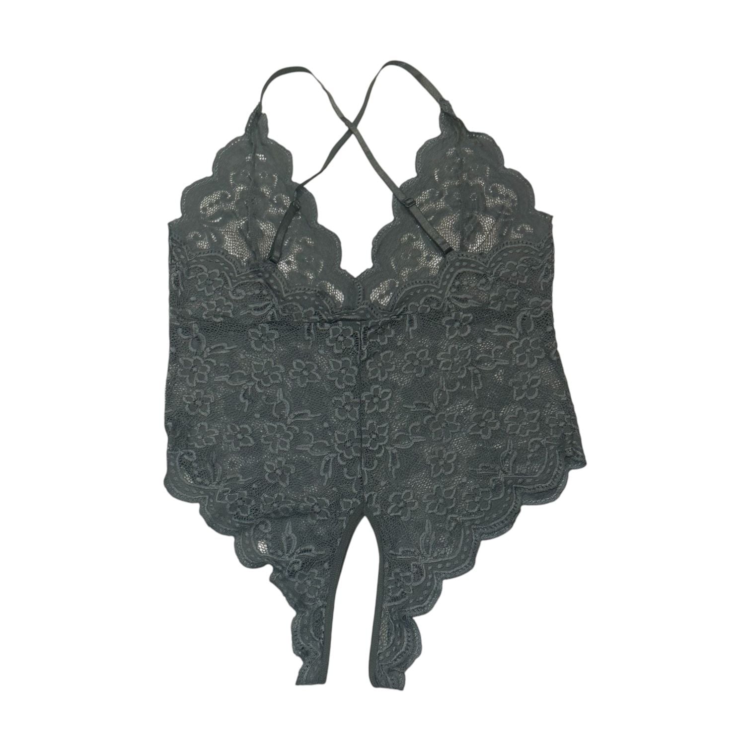 ROMWE Kawaii Floral Lace Scallop Trim Criss Cross Teddy Bodysuit Lingerie Grey 3