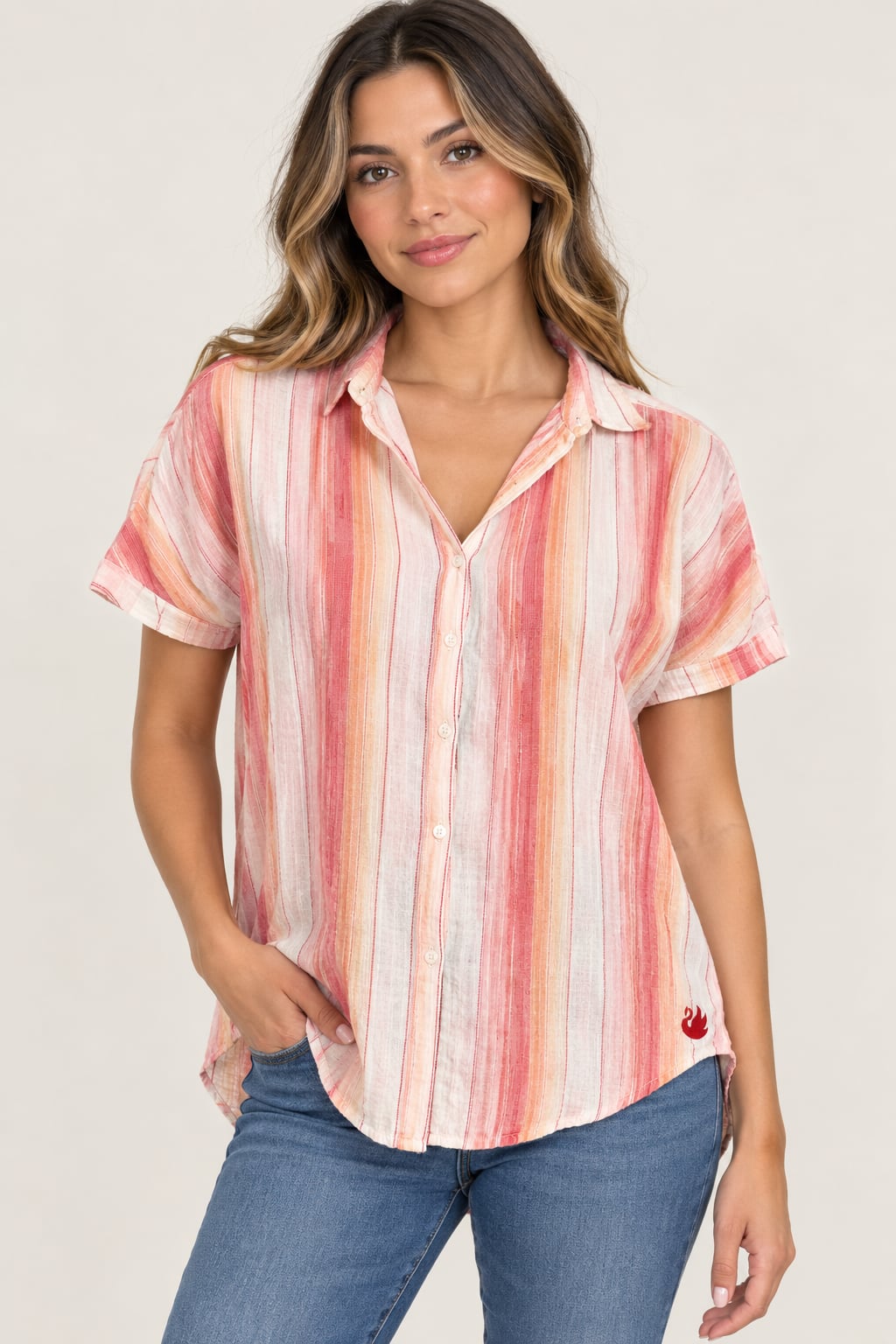 Gloria Vanderbilt Button-Down Shirt Size M Striped Short Sleeve Pink 2