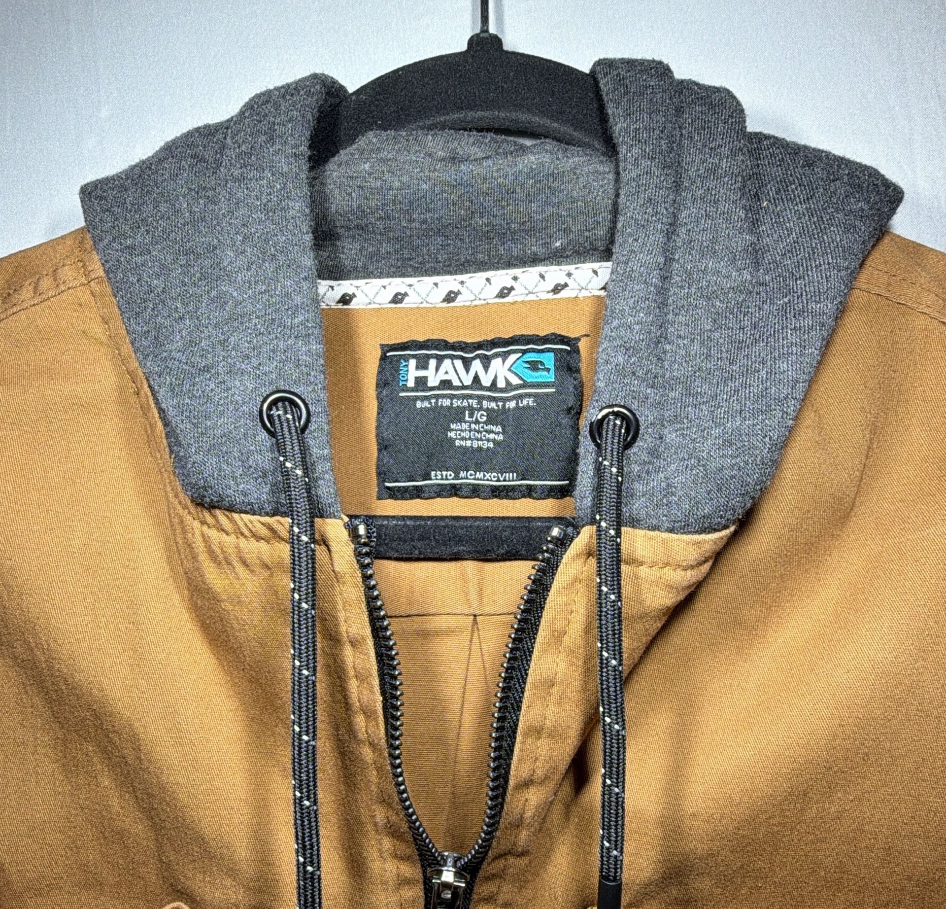 Tony Hawk Hooded Shirt Jacket Size L Brown Canvas Full Zip 3